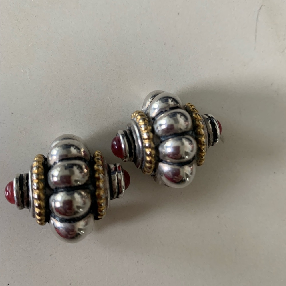 Silver-colored Shrimp Clip-on Earrings with Gold and Red Cabochon Accents